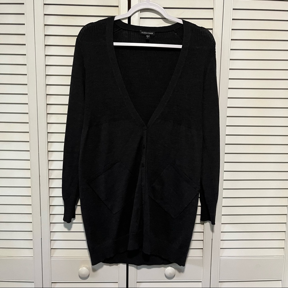 Eileen Fisher Long Sleeve 100% Wool Button Front Cardigan Gray Pockets Small